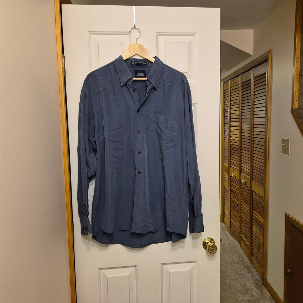 Haggar Collections Mens XL Slate Blue Polynosic Rayon Blend Button Up Shirt Long